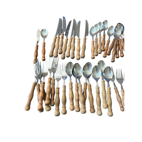 Vintage Lifetime Old Homestead Stainless Flatware Set W/ Wooden Handles 50 Piece - Picture 3 of 7